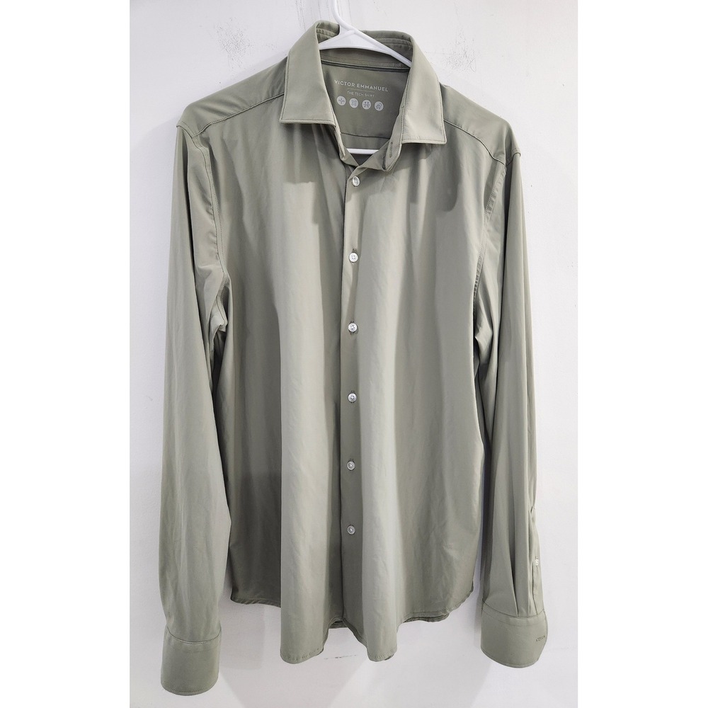 Victor Emmanuel The Tech Shirt Mens L 16 34-35 Sage Green Stretch Long Sleeve